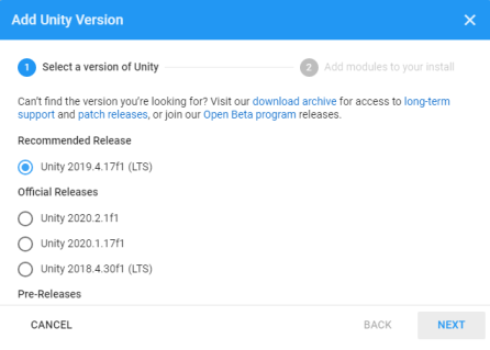 Selecting your unity install version