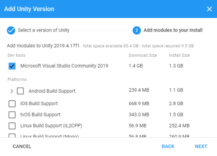 Selecting unity modules