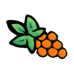 A cartoony, hand drawn orange berry with green leaves